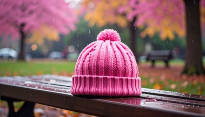 Pink Knitted Winter Hat with Pom Pom Rests on a Wet Wooden Park Bench Amidst Autumn Foliage and Gentle Rain