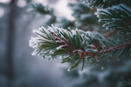 Frost covered pine branch with ice crystals - Powered by Adobe