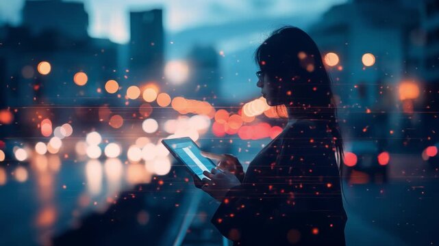 Silhouette businesswoman using tablet in night city with data particles - Powered by Adobe