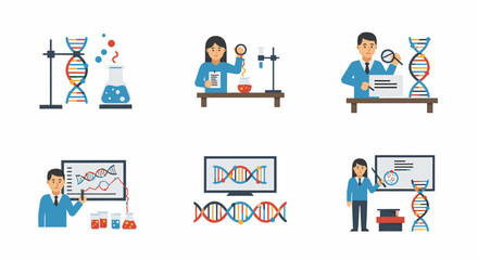 Six illustrations depicting scientists and DNA structures, showcasing research, analysis, and education in a laboratory setting.