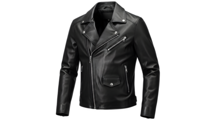 Black leather biker jacket with zippers and collar