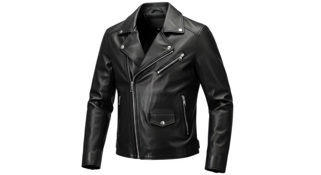 Black leather biker jacket with zippers and collar