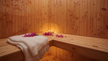 Wooden bench situated in an infrared cabin with a white towel and flower, relaxation and wellness focus