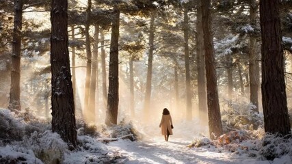 A person in a coat walking along a snow-covered forest path as sunlight filters through tall trees. - Powered by Adobe