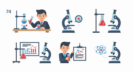 Fototapeta premium A collection of illustrations showcasing a scientist performing laboratory experiments with microscopes and charts.