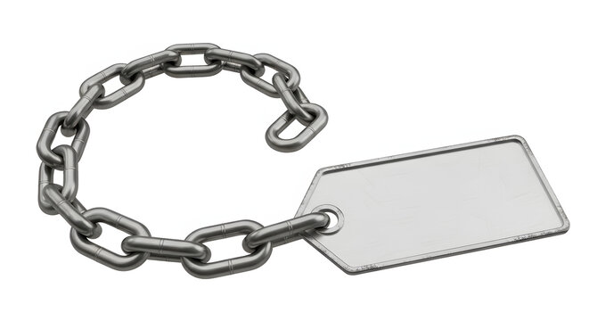 A close-up of a blank tag attached to a metal chain, isolated against a plain background