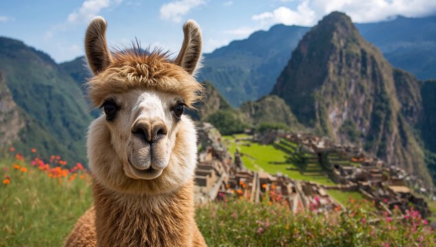 Portrait of a llama against a mountainous backdrop, showcasing the animal's unique features, preservation