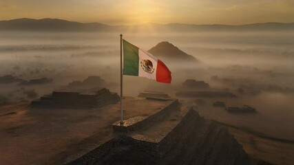 Majestic Mexican Flag Waving Over Ancient Pyramids at Misty Dawn - Powered by Adobe