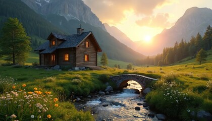 Log cabin rests in green mountain valley near stream. Stone bridge crosses flowing water beside wildflowers and tall trees. Sun sets behind distant peaks, casting warm golden light.