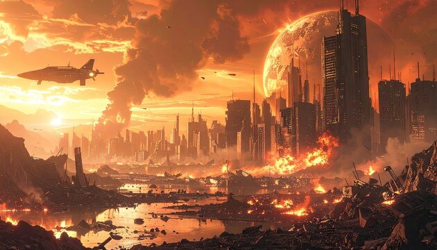Pixelated apocalyptic cityscape at sunset with burning buildings and a large moon in a desolate orange sky with a flying aircraft in the distance.