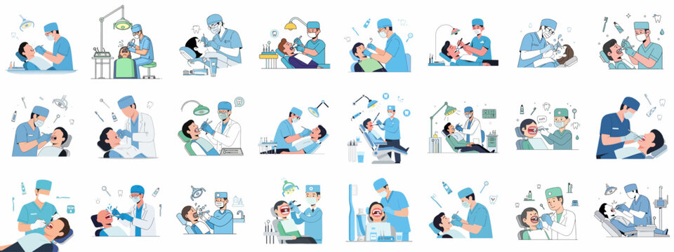 Collection of dental illustrations: Professional dentists treating patients in clinic chairs, representing oral health checkups and modern dentistry services.