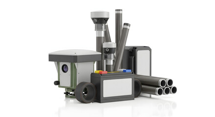 An assortment of high-tech industrial equipment, including sensors and components, isolated on a white background.
