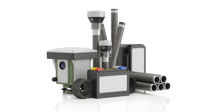 An assortment of high-tech industrial equipment, including sensors and components, isolated on a white background.