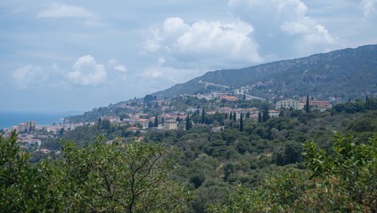 Obraz premium Hills with olive gardens and villas overlooking a sea and mountains, showcasing urban density