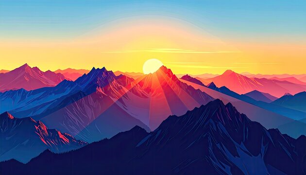 Pixelated Mountain Range at Sunrise with Vibrant Orange and Yellow Hues and Sunburst Rays Illuminating the Peaks