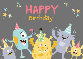 : Yellow And Pink Illustrative Kids Birthday Card.eps