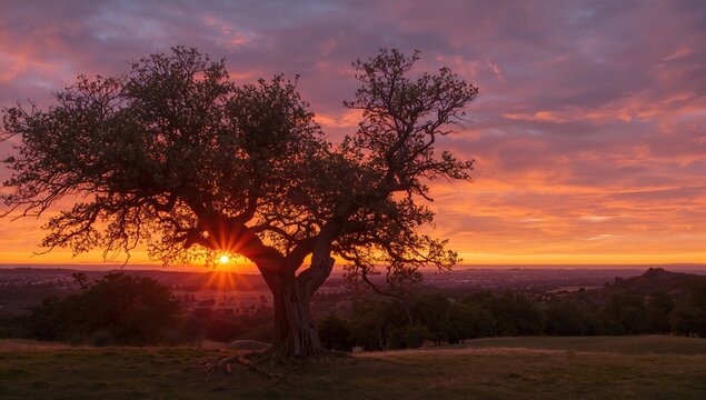 Sunset filtering through an oak tree, showcasing seasonal change