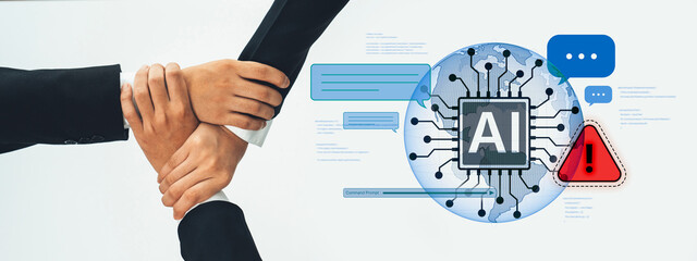 Obraz premium A dynamic representation of partnership focused on artificial intelligence, showcasing teamwork, technology, and innovation in a business environment. Trope