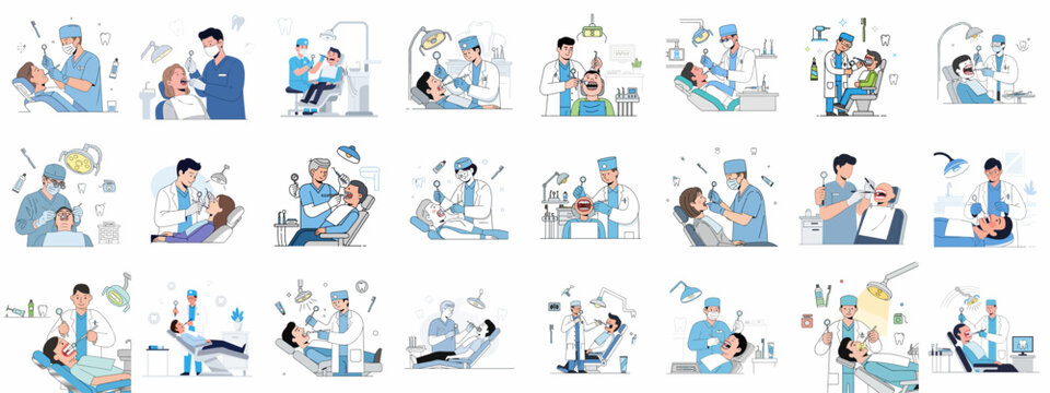 Comprehensive vector illustration set of dentists treating patients, performing check-ups, and emphasizing professional oral hygiene and dental care in a clinic.