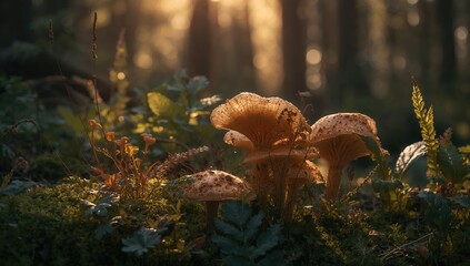 Fototapeta premium Mushrooms illuminated by sunlight in a forest, showcasing natural growth and light interaction