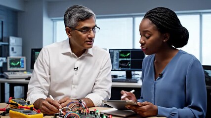 Senior engineer mentoring a junior colleague on a new electronics project, demonstrating a complex circuit board prototype. This macro shot highlights hands-on knowledge transfer.