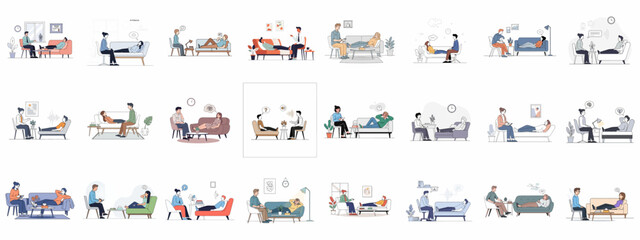 Set of illustrations showing diverse psychotherapy sessions, depicting patients talking to psychologists about mental health, stress, and emotional problems.