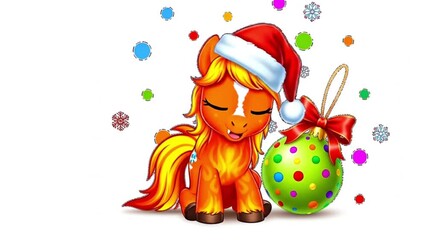 Animated cute orange pony wearing a Santa hat, sneezing out colorful confetti next to a polka-dot Christmas ornament. Playful, funny, and festive concept for holiday cards, social media.