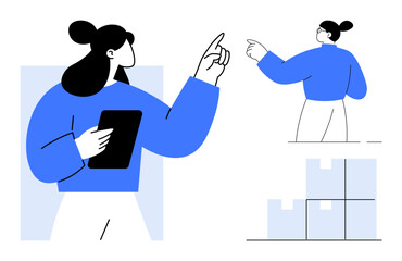 Woman holding a tablet and pointing with confidence toward tasks, guiding workflow, managing inventory boxes. Ideal for logistics, organization, leadership, teamwork, management, planning simple