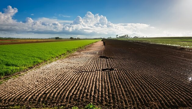 field with uneven irrigation showing dry and green patches - Powered by Adobe