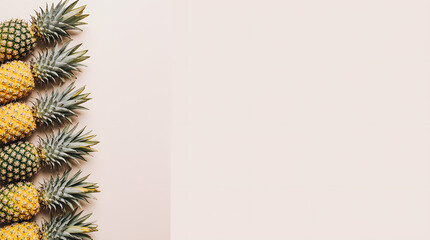 A neat row of fresh pineapples lined up against a minimal background