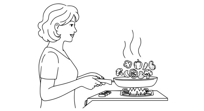 Vector of a woman cooking vegetables in a pan, simple line art, clean outlines, isolated on white background - Powered by Adobe