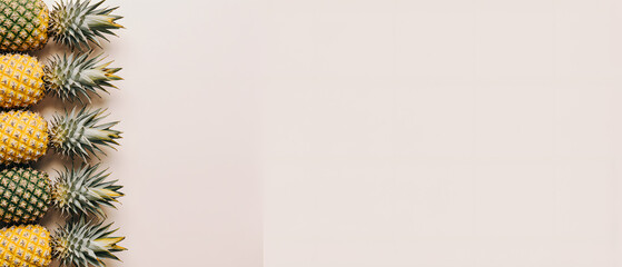 A neat row of fresh pineapples lined up against a minimal background