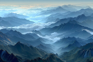 Obraz premium Tranquil Mountain Landscape with Misty Valleys and Rolling Hills at Dawn