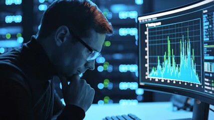 Focused data scientist analyzing a complex machine learning training curve on a monitor in a dark, high-tech server room with blue ambient lighting and blurred background. - Powered by Adobe