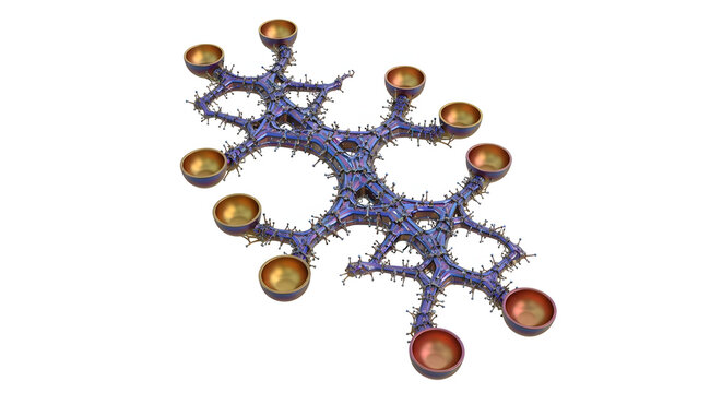 A complex 3D molecular structure with connected spheres