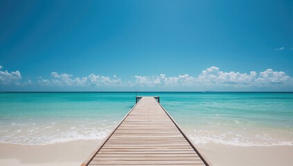 Naklejka premium Wooden pier extending over the sea under a clear blue sky, ideal backdrop for relaxation and summer activities