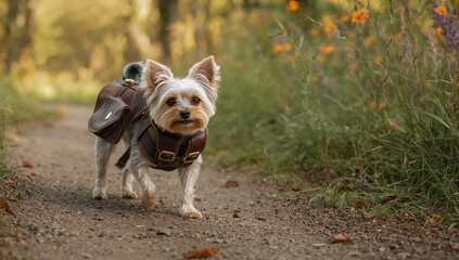 Vertical portrait of a Yorkshire terrier in a dog carrier backpack, showcasing practicality and pet transportation