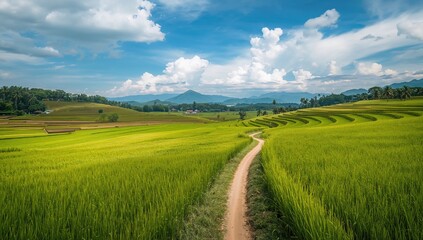 Fototapeta premium Pathways and greenery in a rice field, highlighting seasonal change
