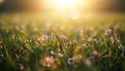 Sunlit flowers and grass create a serene landscape, evoking a sense of tranquility and connection to nature