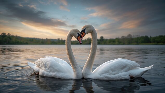 Two swans gliding on a lake during a breezy evening, showcasing natural harmony