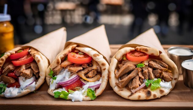 a close up of several gyros with meat tomatoes and sauce sitting on a wooden surface outside stand