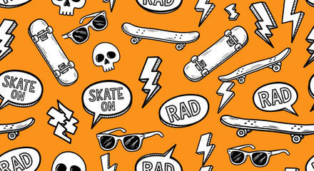 Hand-drawn seamless pattern with skateboarding elements like skateboards, skulls, and sunglasses on an orange background.