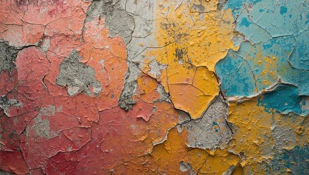 Cracked and peeling colorful paint, worn wall texture, suitable for background design