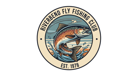 Circular logo featuring a leaping fish, water, and text, representing a fishing club.