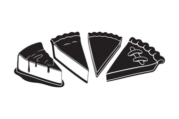Black and white illustration of four slices of pie and cake