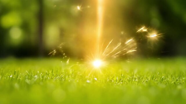 Illuminating Essence: A radiant burst of light emanates from a cluster of spark, illuminating the vibrant green of grass with an ethereal glow. 