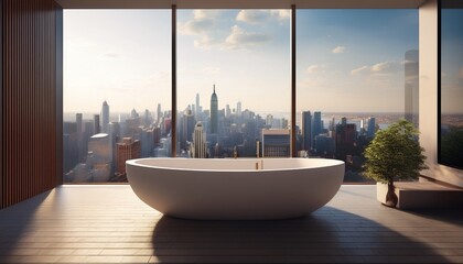 vast window soaking tub minimalist design city skyline backdrop serene luxurious bright space panoramic bathtub