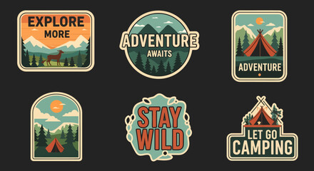 Six vintage outdoor adventure and camping badges with mountains, forests, tents, and inspirational text on a dark background.