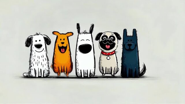 Happy Pups United: Colorful Cartoon Dog Characters in a Row