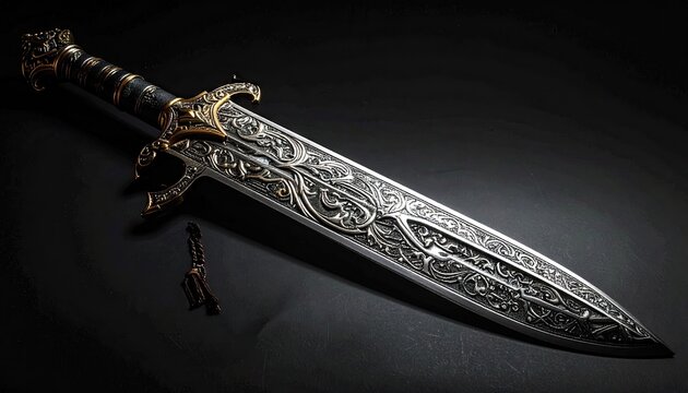 Ornate ceremonial dagger with golden hilt and intricate silver blade patterns on a dark background with dramatic lighting